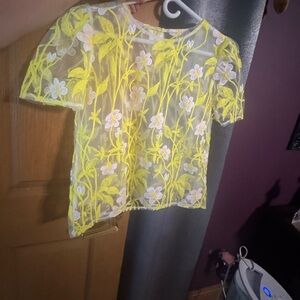 NWT Embroidered Sheer Mesh Floral Top Yellow Green Fairy Cottagecore Med